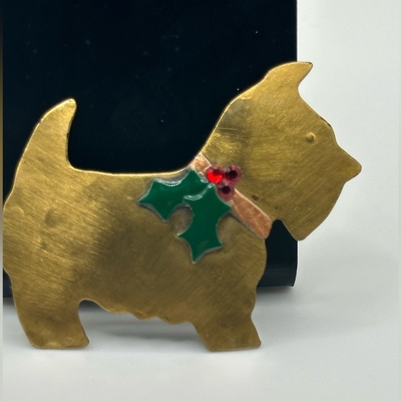 Jewelry - Vintage Brass Christmas Scottie Dog Brooch